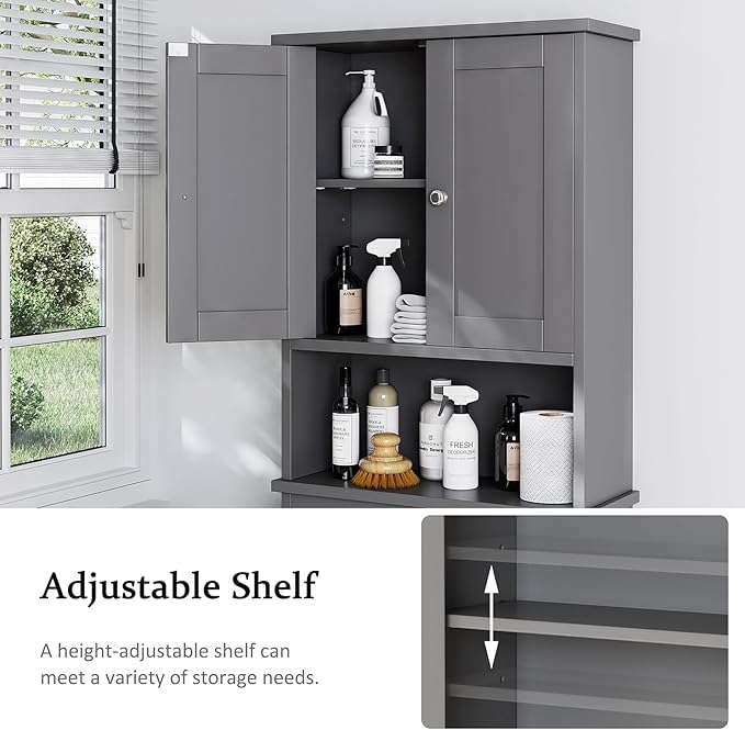 Meilocar Over The Toilet Storage Cabinet, Bathroom Storage Cabinet Over Toilet with 2 Wood Doors, Freestanding Space Saver, Adjustable Shelf & Open Shelf, Grey