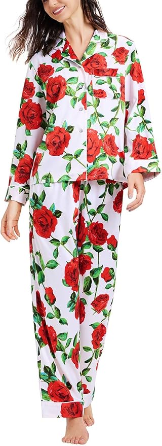 Lonxu Silk Satin Womens Pajama Sets Button Down Sleepwear Loungewear XS~3XL