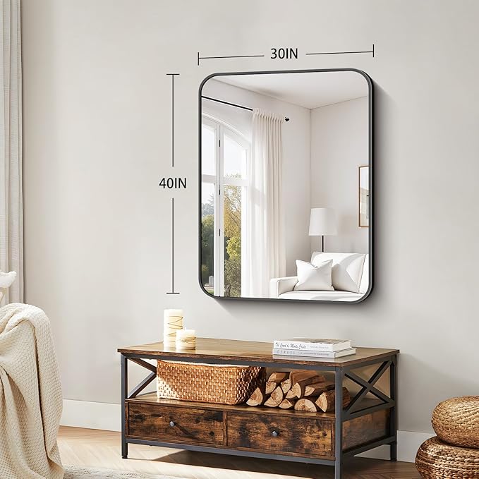 Koonmi Black Framed Bathroom Mirror - 30x40 Inch Shatterproof Tempered Glass Vanity Mirror for Bathroom Sink, Wall Mounted with Matte Aluminum Alloy Frame, No Distortion, Modern Decor