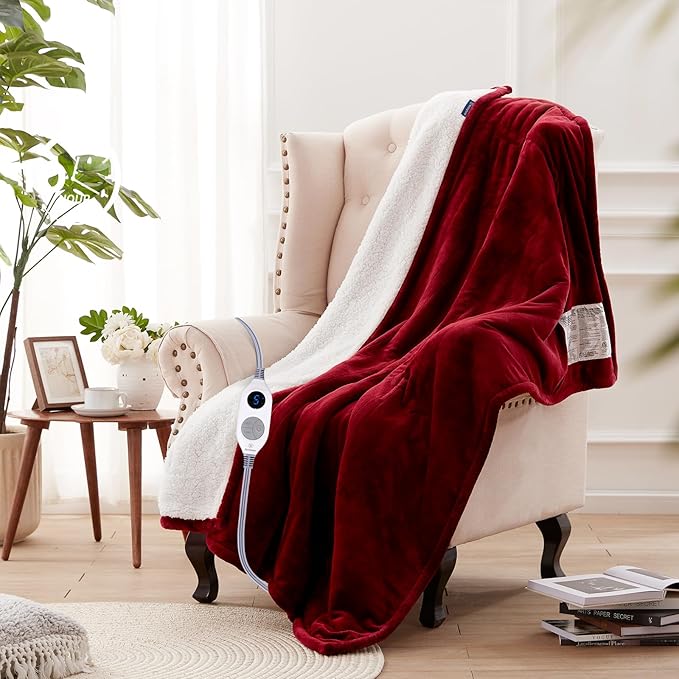 Westinghouse Heated Throw Blanket, Soft Flannel to Sherpa Electric Throw with 6 Heating Levels, 2-10 Hours Time Settings, Fast Heating, Machine Washable 50x60 Inch, Red