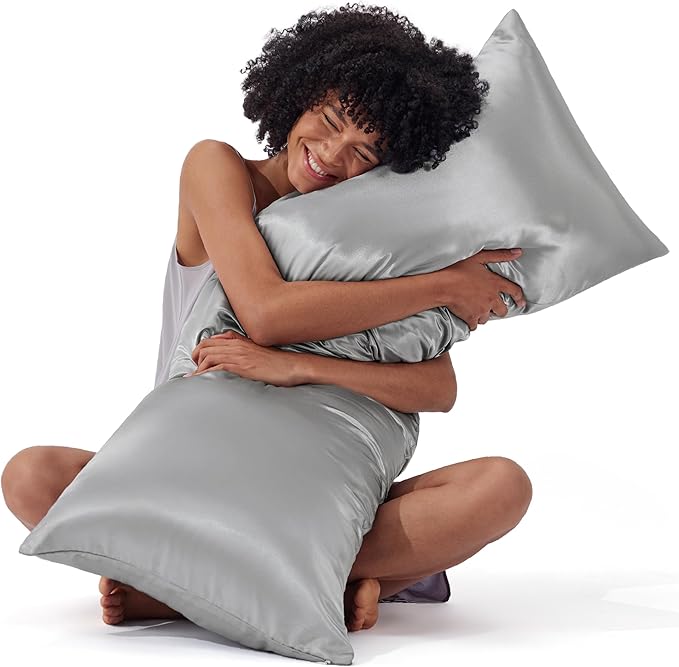 Bedsure Satin Body Pillow Cover with Zipper, Similar to Silk Body Pillow Pillowcase, Soft & Breathable Long Pillow Case, Cooling & Silky Long Pillowcase for Hair and Skin, Gifts, Grey, 20x54 Inches