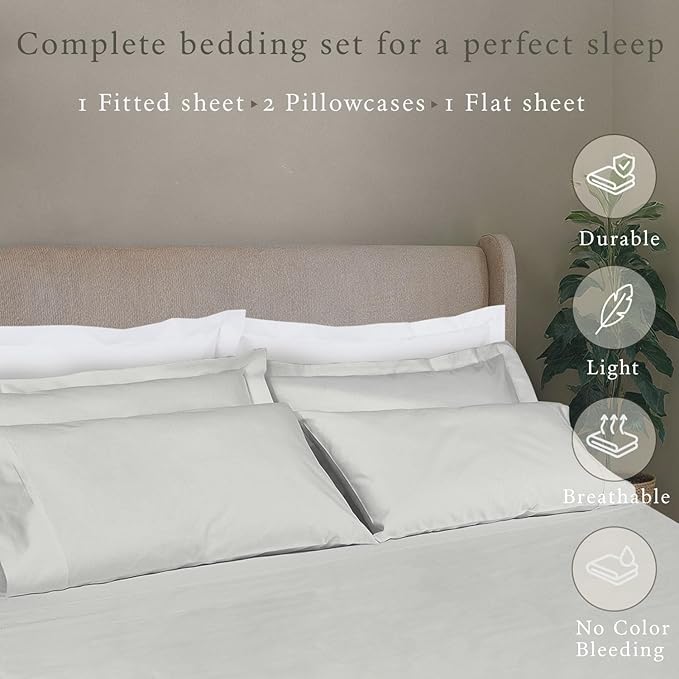 Threadmill Cotton Full Size Sheet Set, Deep Pocket, Fade Resistance, 500 Thread Count, Solid 4-Piece Bed Sheets for Full Size Mattress (1 Flat, 1 Fitted Sheet, 2 Pillow Covers), Light Grey