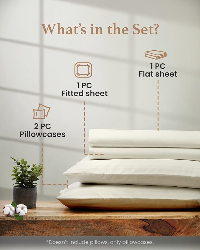 1000 Thread Count Egyptian Cotton Sheets Twin Size, 4 Pc Luxury Sheets Set, Long Staple 100% Cotton Sheets for Twin Size Bed, 16" Deep Pocket Hotel Style Sheets, Sateen Sheets Twin, Ivory