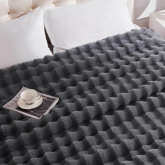 Heated Blanket Full Size with 1/2/4/6/8 Hours Auto-Off 10 Heat Level, 62'' * 84'' Cozy Faux Rabbit Fur Bubble Electric Blanket with Overheat Protection(Dark Grey)