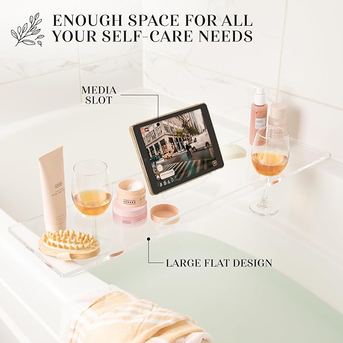 42" Supreme Plus- Luxury Bathtub Caddy - 3/8" Thick, Clear Bath Tub Tray Table for 1 or 2 Bathers, Acrylic Bath Tray Bathtub Caddy, Book, iPad and 2 Wine Glass Holders (42")