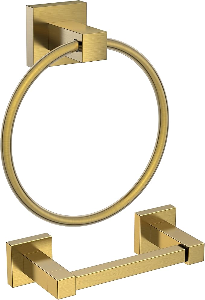 FORIOUS Toilet Paper Holder Wall Mount and Hand Towel Ring Set, SUS 304 Stainless Steel Double Post Pivoting Tissue Roll Holder, Modern Bathroom Hardware Accessories Set, Brushed Gold
