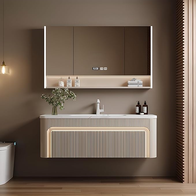 44” Bathroom Vanity Set, Floating Bathroom Vanities with Single Sink, Smart Defog Mirror Cabinet and LED Strip Light, Oak Wood Elegant Bathroom Cabinet with Storage Space (Milk Coffee)