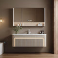 44” Bathroom Vanity Set, Floating Bathroom Vanities with Single Sink, Smart Defog Mirror Cabinet and LED Strip Light, Oak Wood Elegant Bathroom Cabinet with Storage Space (Milk Coffee)