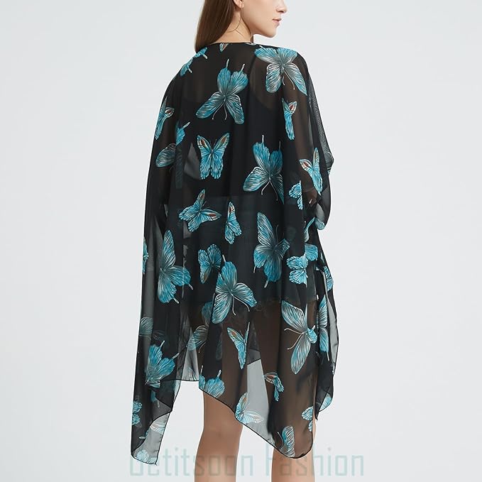 Women's Bohemian Floral Chiffon Beach Cover up Swimsuit Kimono Summer Swimwear Cardigans