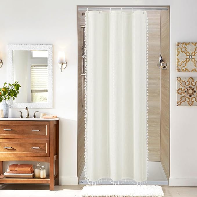 MitoVilla Boho Small Stall Fabric Shower Curtain 36 x 72, Ivory Half Size Narrow Polyester Linen Tassel Cloth Shower Curtains for Chic Modern Farmhouse Country Bathroom Decor