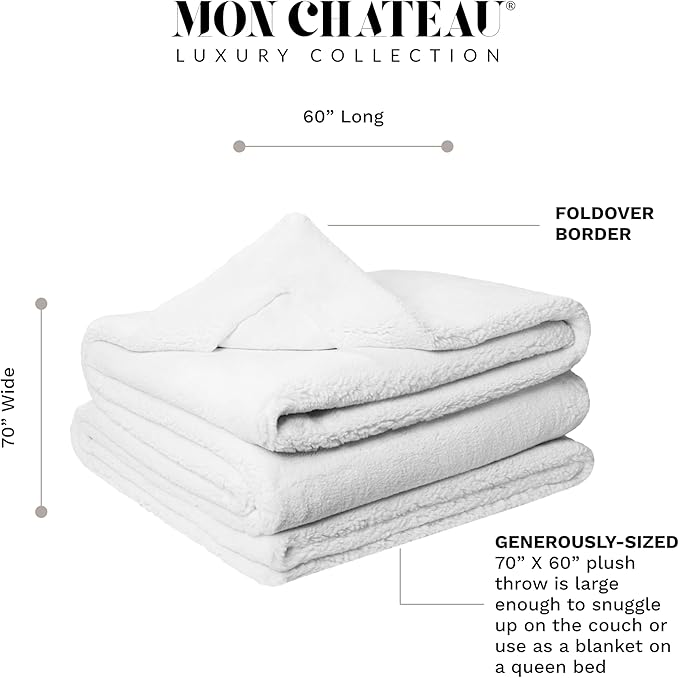 Mon Chateau 60" x 70" Embrace Foldover Faux Fur Throw, Plush Throw with 6cm Foldover for Couch, Sofa, or Bed, Ultra Soft Blanket for Sleeping or Home Decor, Moonlit Cream