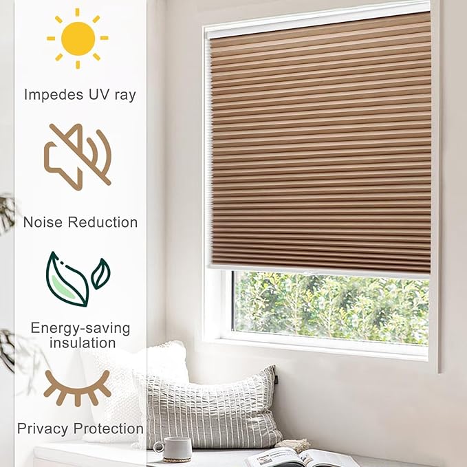 MYshade 1.5-Inch Cellular Cordless Blackout Shades,Thermal Insulating Noise Reducing Waterproof Blinds,Honeycomb Window Treatments for Indoor Light Control (Light Brown-30 W x 72" H)