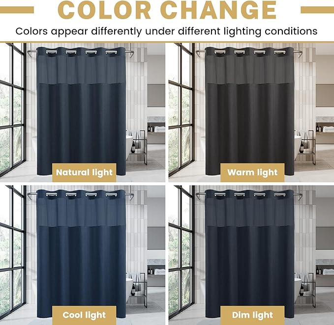 Small No Hook Shower Curtain with Snap in Liner, Polyester Textured Shower Curtain with Liner Set, Waterproof Washable Hotel Style Shower Curtains for Bathroom, 54Wx80H, Navy