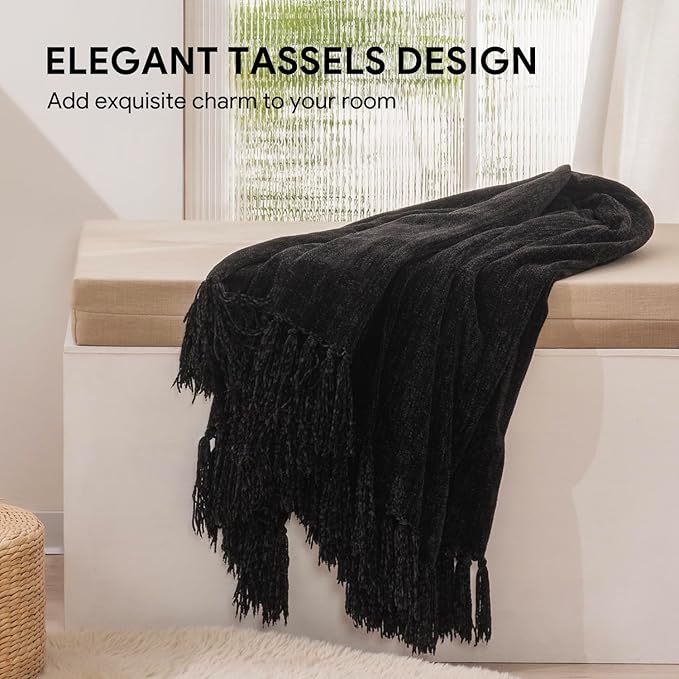 RECYCO Throw Blanket Soft Cozy Chenille Throw Blanket with Fringe Tassel for Couch Sofa Chair Bed Living Room Gift (Black, 50" x 60")
