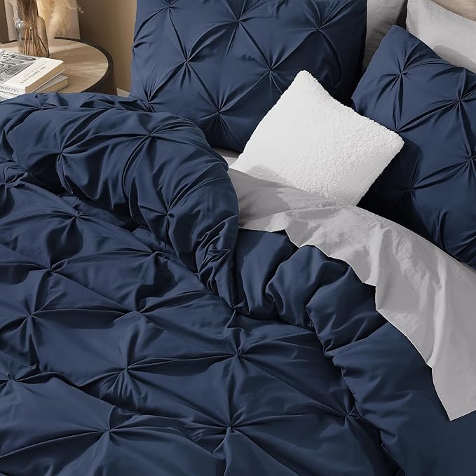 Litanika Navy Blue Pinch Pleat Duvet Cover Queen, 3 Pieces Pintuck Cover Soft Microfiber Bedding Set with Zipper Closure & Corner Ties(90x90Inch-1 Duvet Cover, 2 Pillowcases)