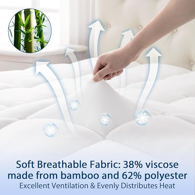 ELEMUSE Twin Cooling Bamboo Viscose Mattress Topper for Back Pain, Extra Thick Mattress Pad Cover, Plush Soft Pillowtop with Elastic Deep Pocket, Overfilled Down Alternative Filling