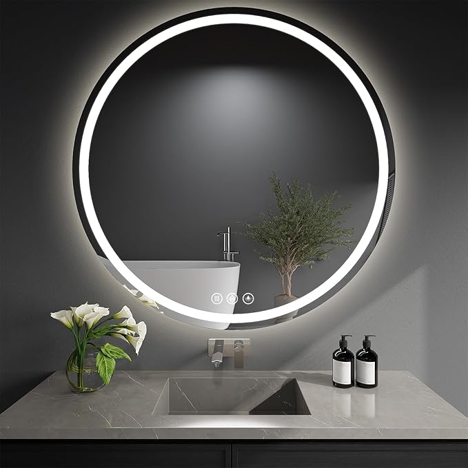 LED Bathroom Mirror 40 Inch Round Bathroom Mirror with Lights, Circle LED Mirror, Wall Mounted Lighted Bathroom with 3 Colors Brightness, Anti-Fog, Dimmable, Shatter-Proof