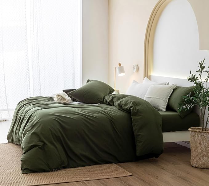 JIYUAN 100% Washed Cotton Duvet Cover Set 3 Pieces Queen, 1 Duvet Cover 90x90 Inches(Comforter Not Included) and 2 Pillowcases,Linen Feel Bedding Set Comfy and Breathable,Olive Green