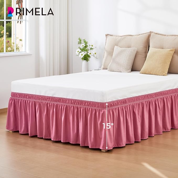 RIMELA Dusty Red Bed Skirt King Size 15 Inch Drop, Wrap Around Elastic Bedskirt, Dust Ruffle for Adjustable Bed Base Machine Washable Easy to Install Bed Skirts
