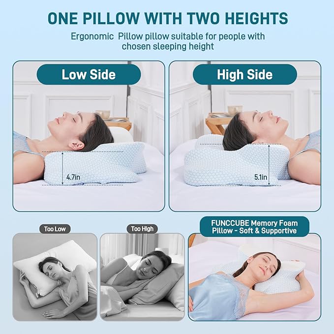 Cervical Neck Pillow for Sleeping, Dual Height Memory Foam Pillow for Neck Pain Relief, Ergonomic Contour Pillow for Side, Back & Stomach Sleepers – Cooling Washable Cover (Blue White)