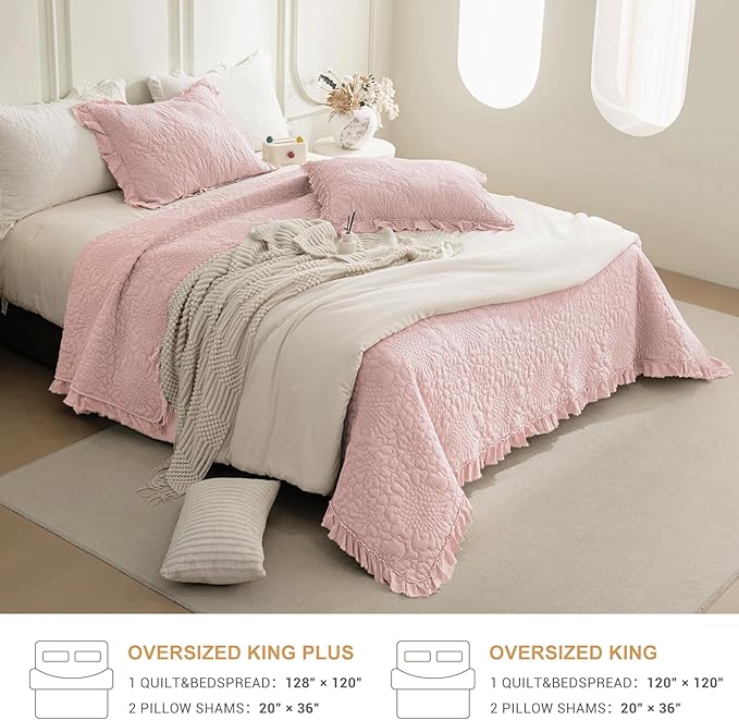 QSH 3PCs Blush Oversized King Quilt Bedspread Set(120"x120"),Stonewashed Cotton Ruffle Quilt California King,Ultra Soft Lightweight Crinkled Shabby Bedspread Coverlet Bedding Set for All Seasons