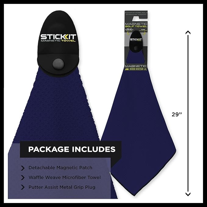 STICKIT Magnetic Golf Towel, Navy, Premium 29" Microfiber with Deep Waffle Pockets, Industrial Strength Magnet for Secure Hold to Golf Carts & Clubs, Ultra-Absorbent, Fast-Drying, Easy-Clean Design
