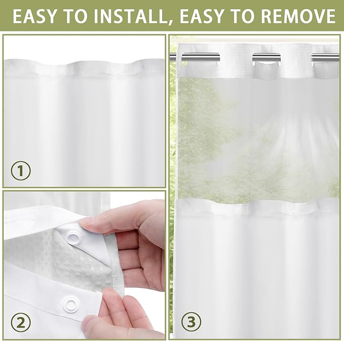YellyHommy Waterproof Fabric Snap in Shower Curtain Liner Replacement with 2 Magnets 71" W x 66" L for 72" W x 87" L No Hook Shower Curtain - Removable & Detachable to Wash - White