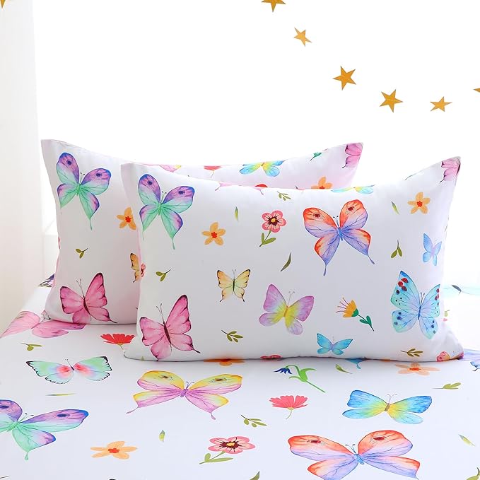 Wajade 7 Piece Butterfly Comforter Set for Girls Kids Cute Colorful Butterfly Flowers Floral Bedding Set Twin Size with Sheet and 2 Pillowcases 2 Pillow Shams Bed in a Bag as Birthday Choice