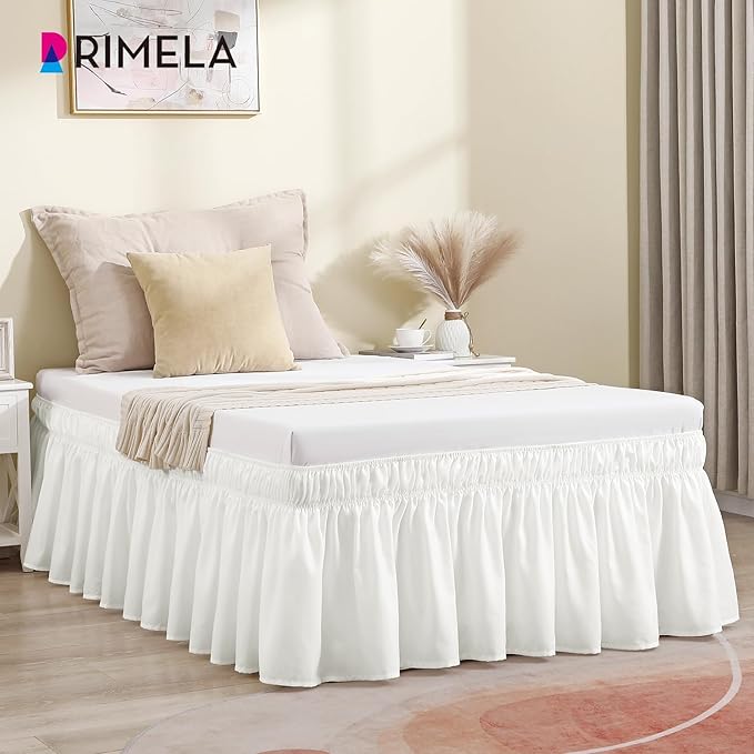 RIMELA White Bed Skirt Full Size 12 Inch Drop, Elastic Bed Skirting for Bed Base and Frame, Bedding Dust Ruffle Easy to Install, Lightweight Wrap Around Adjustable Bedskirt