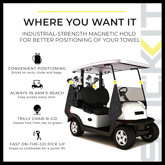STICKIT Magnetic Golf Towel, Black Paisley | Top-Tier Microfiber Golf Towel with Deep Waffle Pockets | Industrial Strength Magnet for Strong Hold to Golf Carts or Clubs
