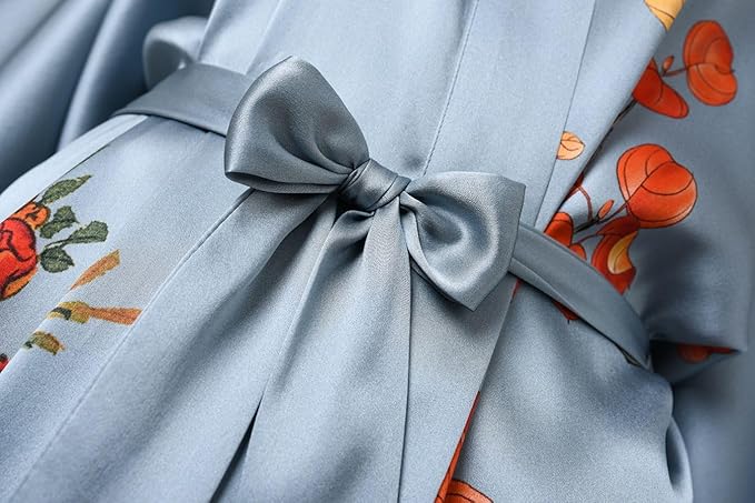 Women's Silk Kimono Robe Long Bathrobe Nightgown 100% Mulberry Silk for Women - Classic Floral Pattern