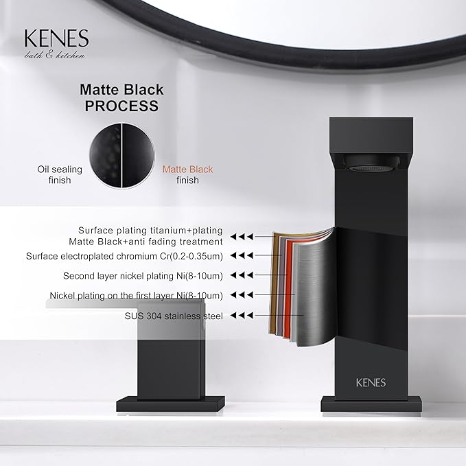 KENES Black Widespread Bathroom Faucet 3 Hole Bathroom Sink Faucet Matte Black Two Handle, 8-Inch 3 Pieces Bathroom Vanity Faucet with Pop Up Drain & Supply Lines, KE-9050-2-P
