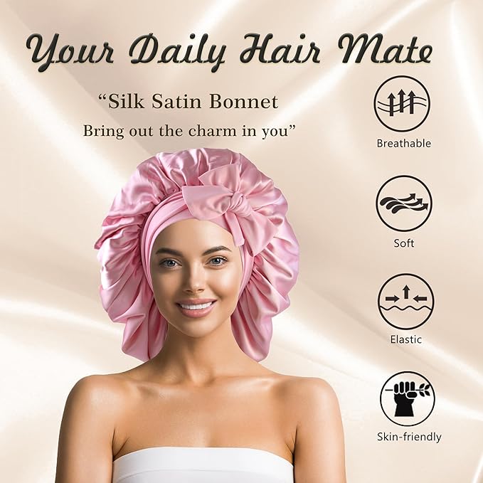 Silk Bonnet for Sleeping Women Satin Bonnet Double Layer Night Sleep Cap with Elastic Tie Band for Curly Natural Hair