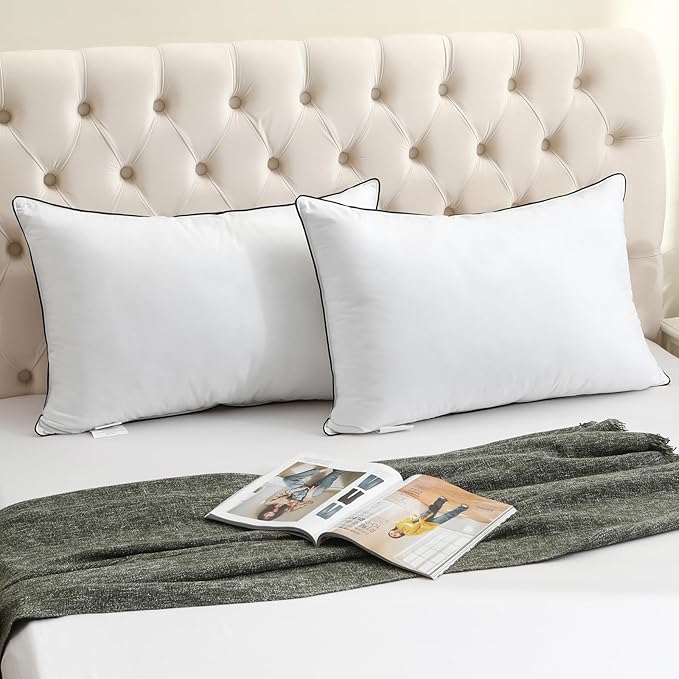 BPC Goose Feather Down Pillows King Size Set of 2, Luxury Hotel Collection Bed Pillows for Sleeping, 100% Organic Cotton Cover, Fluffy and Soft Support Surround Fill Polyester, Medium Firm, 20"x36"