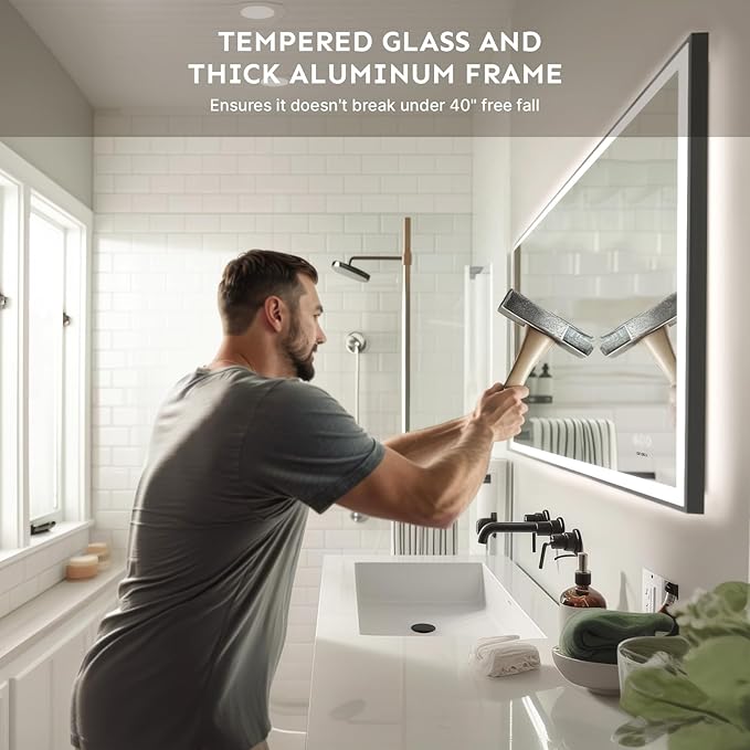 32x40'' LED Bathroom Mirror w/Light, Aluminum Frame, Dimmable Front & Backlit, Anti-Fog, Distortion Free, Light Memory, Tempered & Shatter-Proof Wall Mounted Vanity Silver Coating Mirror