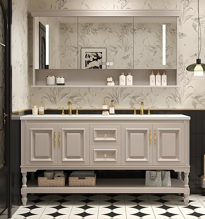 84" Double Bathroom Vanity with Sink,Freestanding Bathroom Vanity Large Storage Cabinet & Open Mirror Cabinet,4 Soft Closing Doors and 2 Drawers Solid Wood Luxury Bathroom Vanities Set,White