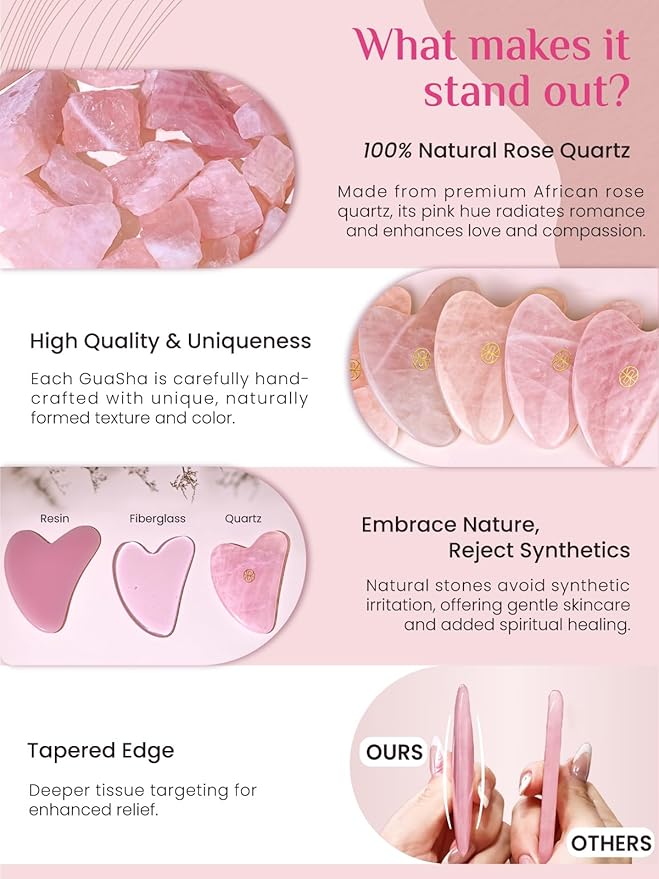 Rena Chris Gua Sha Facial Tools, Ergonomic Rose Quartz Guasha Tool for Face Massage, Manual Facial Massager Tool for Jawline Sculpting and Puffiness Reduction with Silicone Case (Pink)