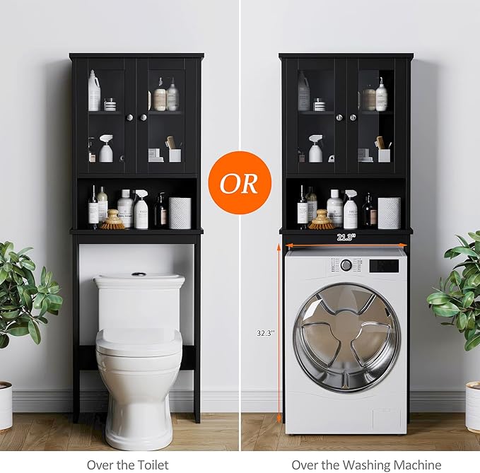 Meilocar Over The Toilet Storage Cabinet for Bathroom, Black Storage Organizer Over Toilet, Space Saver with 2 Tempered Glass Doors, Black