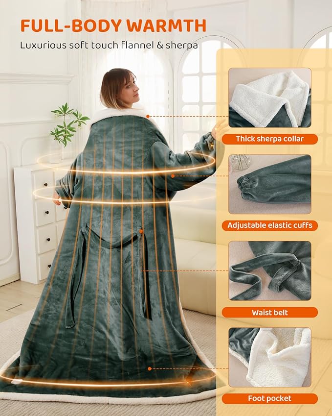 Heated Blanket Electric Blanket Throw Size with Foot Pockets & Sleeves, Flannel Heating Blanket with 9 Heating Levels & 1-9 Hours Auto Off, Fast Heating & Overheat Protection, 50" x 70", Deep Gray