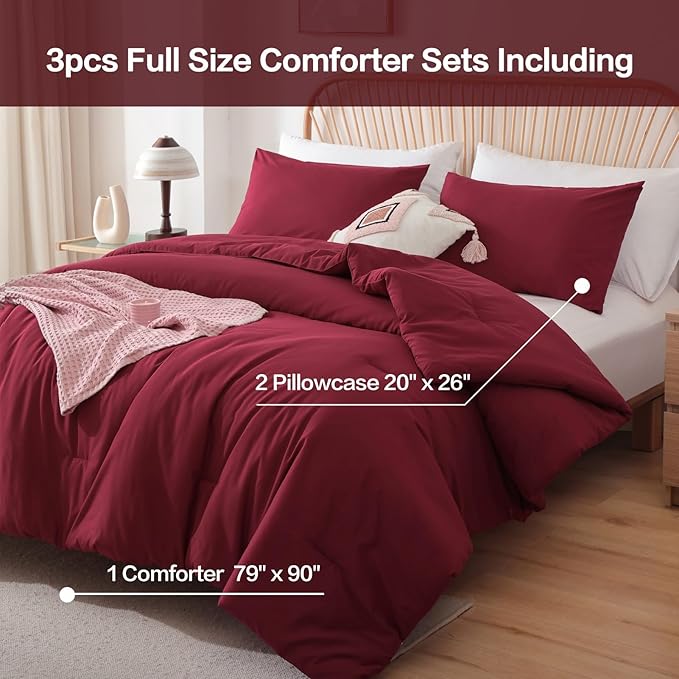 ROSGONIA Full Size Comforter Sets for Girls Boys Kids Dark Red, 3pcs Comforter Full Size (1 Comforter & 2 Pillowcases) Lightweight Dorm Bedding Sets