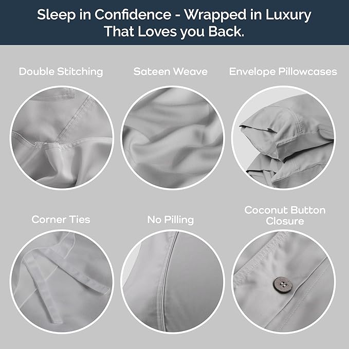 Olive + Crate Tencel Eucalyptus Cooling Duvet Cover Set - Hypoallergenic, Lyocell Tencel Duvet Cover - Soft, Temperature Regulating with Hidden Button Closure & Corner Ties - Queen Size [Gray Mist]