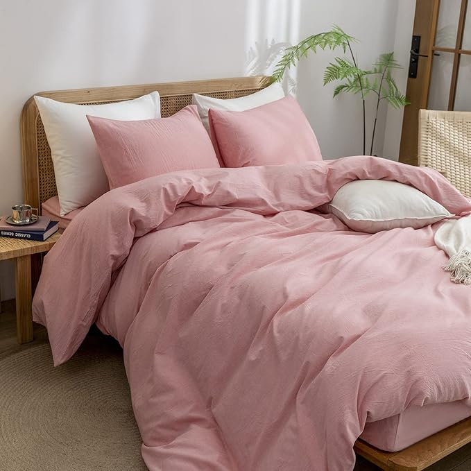 BESTOUCH Duvet Cover Set 100% Washed Cotton Linen Feel Super Soft Comfortable Chic Lightweight 2 PCs Home Bedding Set Solid Red Pink Twin/Twin XL