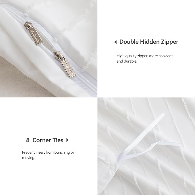 JELLYMONI Duvet Cover Queen Size White - 3PCS Boho Striped Duvet Cover Set Polyester Tufted Bohemian Textured Comforter Cover 90×90in with Corner Ties & Zipper and 2 Pillowcases