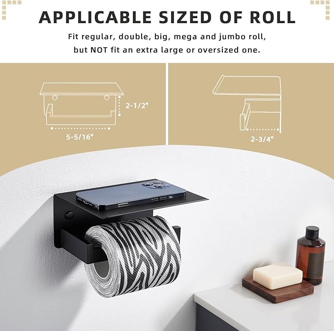 Angle Simple Toilet Paper Holder with Shelf Matte Black, 304 Stainless Steel Lavatory Tissue Roll Holder for Wall