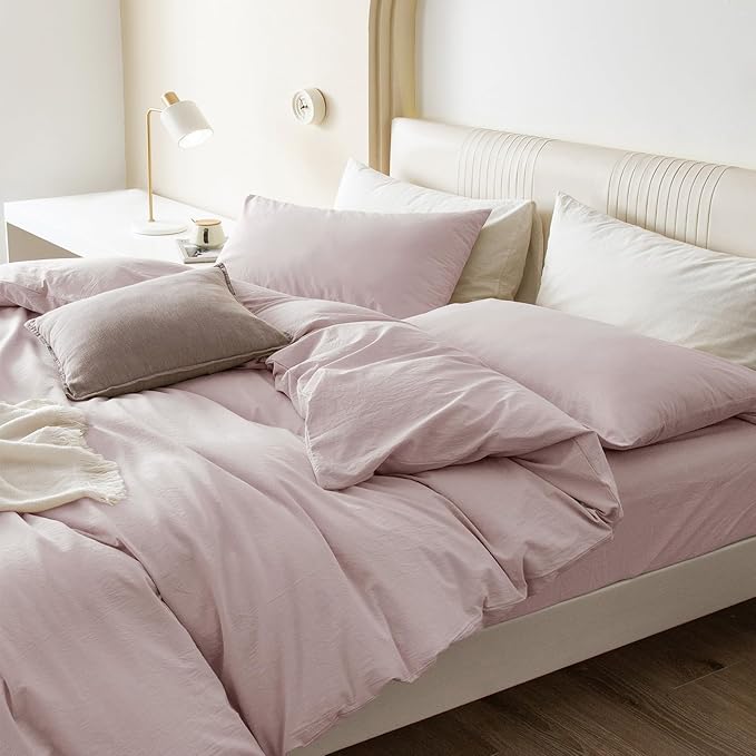 JIYUAN 100% Washed Cotton Duvet Cover Set 3 PCS Oversized King Plus, 1 Duvet Cover 128"x120"(Comforter Not Included) and 2 Pillowcases,Linen Like Comfy and Breathable,Heathered Greyish Pink