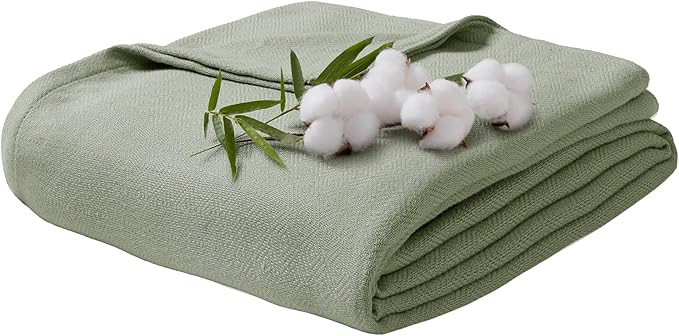 Queen Size Blanket, 70% Rayon (Derived from Bamboo) and 30% Cotton, Lightweight Jacquard Weave, Breathable and Soft Summer Blanket for Bed or Couch, 90” x 90”, Sage Green