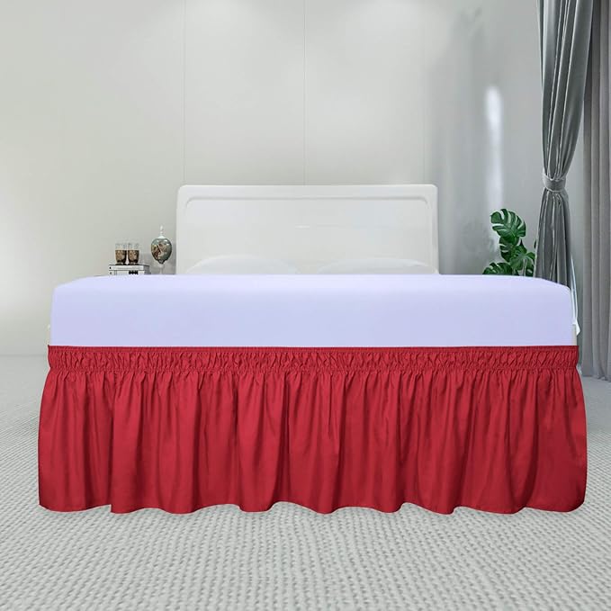 PureFit Wrap Around Ruffled Bed Skirt with Adjustable Elastic Belt - 18 Inch Drop Easy to Put On, Wrinkle Free Bedskirt Dust Ruffles, Bed Frame Cover for Twin,Twin XL and Full Size Beds, Red