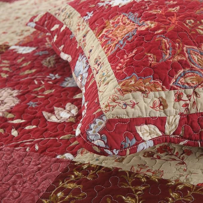 Cotton Bedspread Quilt Bedding Sets 3 Pieces Reversible Coverlet Sets Comforters Vintage Floral Patchwork Purple Red Bedspread, Queen Size