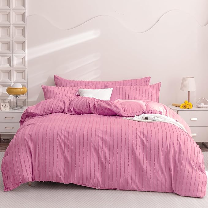 JELLYMONI Duvet Cover King Size Bright Pink - 3PCS Boho Striped Duvet Cover Set Polyester Tufted Bohemian Textured Comforter Cover with Corner Ties & Zipper Closure