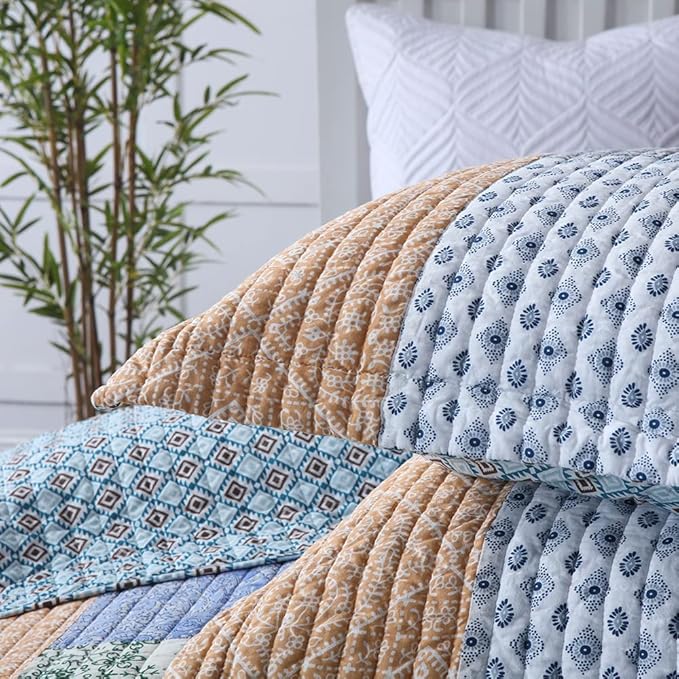 Autumn Dream Cotton Bedspread Quilt Sets Reversible Bedding Coverlet Sets Comforter, Vintage Floral Patchwork Red Blue Bedspread, King Size (Blue Bohemian Patchwork, Queen (90 by98 Inch))